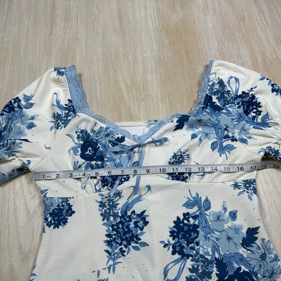 Cider Blue Floral Lace Trim Puff Sleeve Cottagecore Romantic Midi Dress Large - Picture 9 of 14